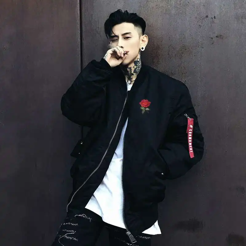 Куртка-бомбер с принтом розы, тонкое мужское черное пальто, модная уличная одежда, размер США, S-XL