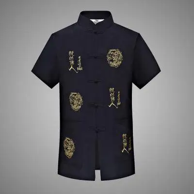 Китайская традиционная одежда Tang, топ с воротником мандарин, кунг-фу, крыло Чун, одежда, топ с коротким рукавом, вышитый дракон, рубашка, M-XXXL - Цвет: Navy Blue B