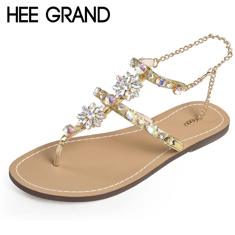 

HEE GRAND 2018 New Women Crystal Decoration Fashion Sandals Bling Mujer Sandal Flats Women Beach&Sea Vacation Shoes XWZ4959