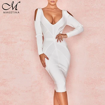 

Maketina Summer Rayon Bodycon Bandage Dresses 2019 New Women Ribbed Cold Shoulder Bandage Dress White Long Sleeve Bandage Dress
