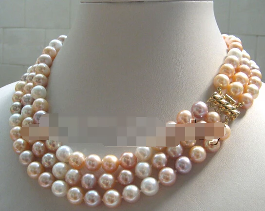 

Miss charm Jew1034 luster 17-19" 3row 9mm multicolor round freshwater pearl necklace GP clasp (A0322)