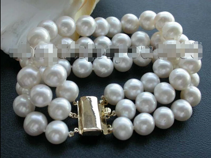 

8" 3rows Genuine Natural 11mm White round pearl Bracelet 14KGP!e SHIPPING 5.25