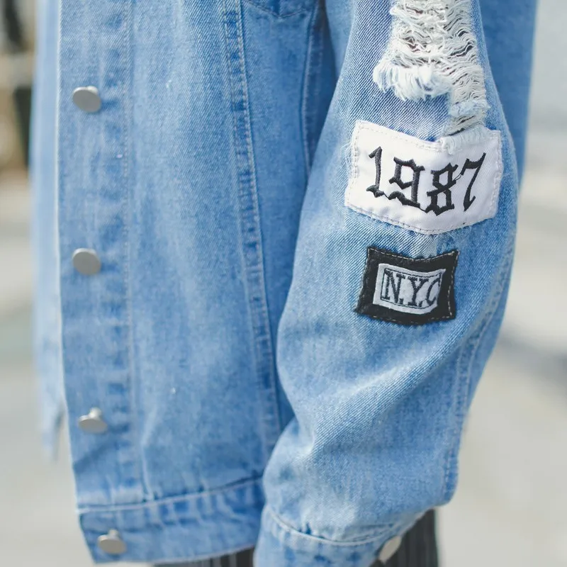 Размера плюс Where Is My Mind Корея Kpop потертые буквы патч бомбер джинсовая куртка для женщин рваные джинсовое пальто женское уличная одежда Harajuku