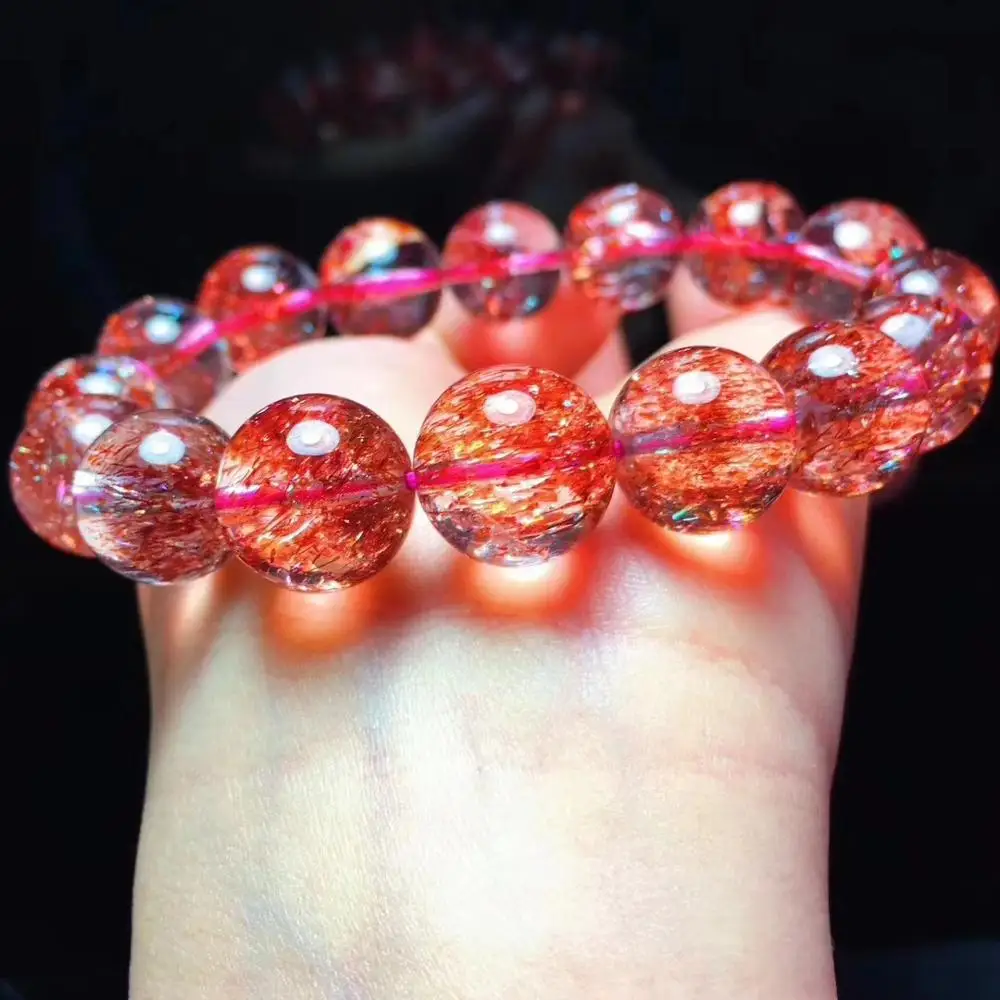 

Genuine Natural Lepidocrocite Quartz Red Super Seven Bracelets Clear Round Bead 13.2mm Stretch Crystal Women Certificate AAAAA