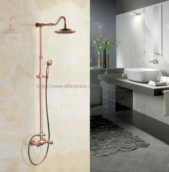 

Antique Red Copper Bathroom Rainfall Shower Faucets Set Double Handle Mixer Tap Wall Mounted Bath Showers Sets Nrg607