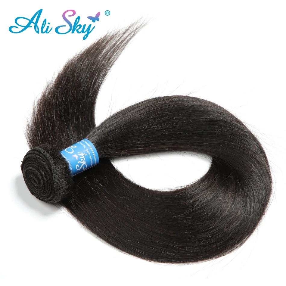 [Ali Sky]3 Bundles Straight Hair with Lace Closure Pre Plucked Brazilian Non Remy Free/Middle/Three Part 100% Black human hair