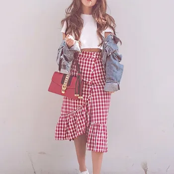 

Women's Lady Stretch Plain High Waist Skater Flared Ruffle Plaid Striped Pleated Skirt