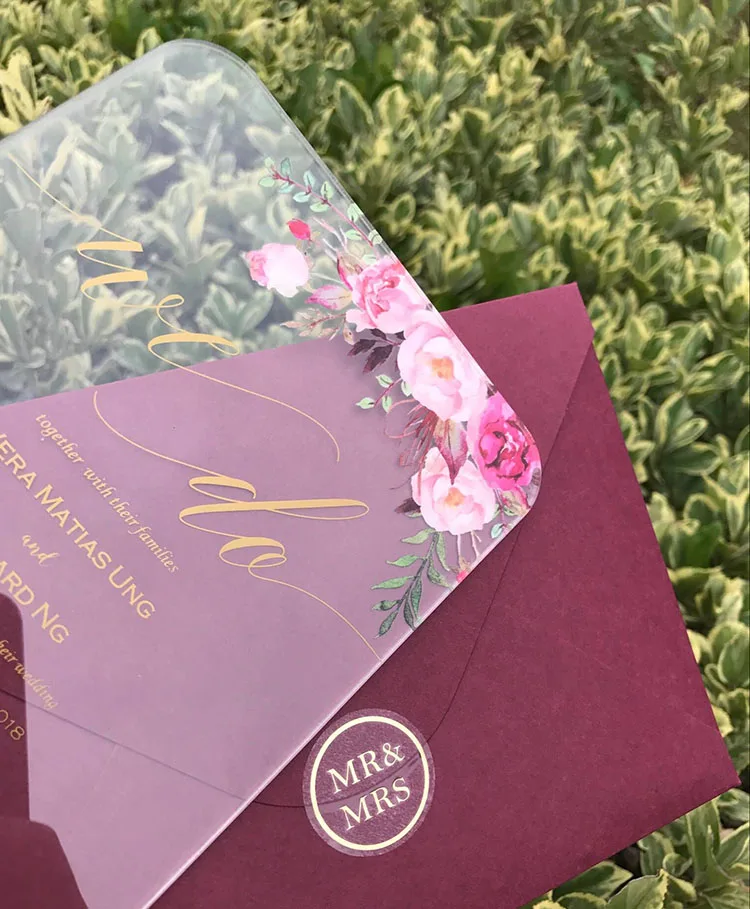  Customized Clear Acrylic Floral wedding invitation Cards with Gold Printing - 32867044821