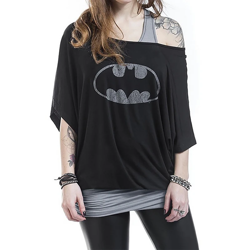 وهمية قطعتين النساء هوديس باتمان المطبوعة قصيرة كم T فضفاض كم مثير قبالة قطرة الكتف اليومية لباس غير رسمي وهمية قطعتين النساء هوديس باتمان المطبوعة قصيرة كم T فضفاض كم مثير قبالة قطرة الكتف اليومية لباس غير رسمي