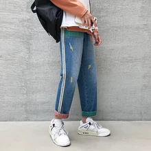 Весенние новые джинсы мужские модные мыть столкновения цвет прямые повседневные хлопковые джинсовые брюки уличные хип хоп свободные брюки на шнурке