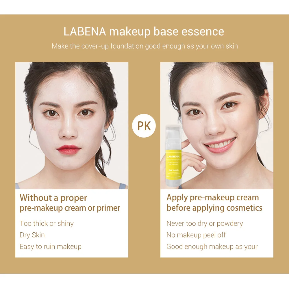 

Lanbena 24k Gold Makeup Base Essence Primer Face Serum Shrink Pores Waterproof Oil-control Facial Cream Brighten Foundation 15ml