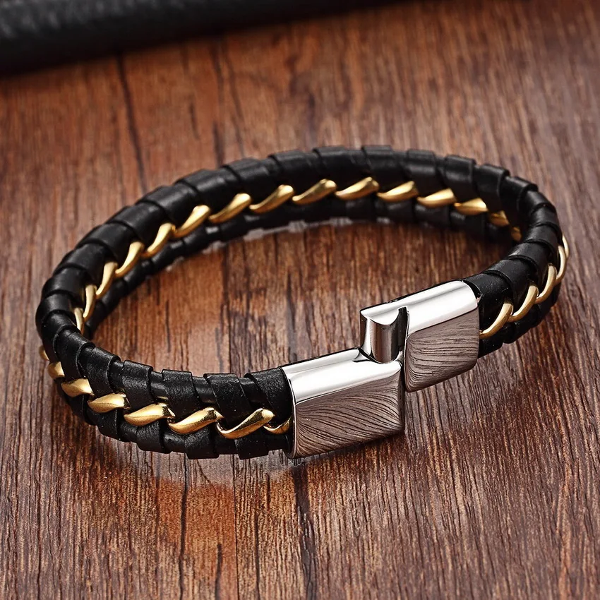 

XQNI Chain Cuff Bracelet Men Magnet clasp Stainless Steel Rope Bracelets Leather Bracelets for women retail fashion Bracelet