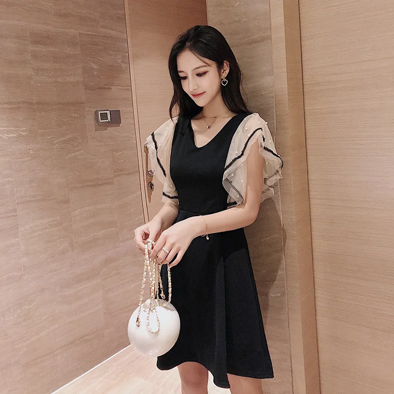 Jielur летнее платье женское корейское Сетчатое лоскутное черное с v-образным вырезом очаровательное тонкое сексуальное элегантное платье с высокой талией ТРАПЕЦИЕВИДНОЕ корейское Sukienki