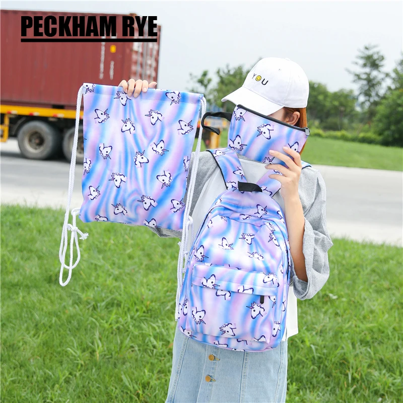 

3 in 1 Multifunctional Fashion 3D printing cat unicorn backpack drawstring bag Female Tote Bag bolsa feminina bag set