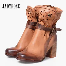 Jady/розовые женские ботильоны с вырезами; ботинки на высоком массивном каблуке из натуральной кожи с ремешками; Botas Mujer; женские туфли-лодочки; сапоги для верховой езды