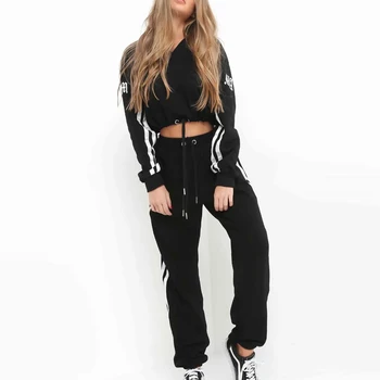 

Women Casual Training Sets Letter Printed Side White Striped Crop Waisted Hoody Pullover Elastic Waist Long Striped Loose Pants