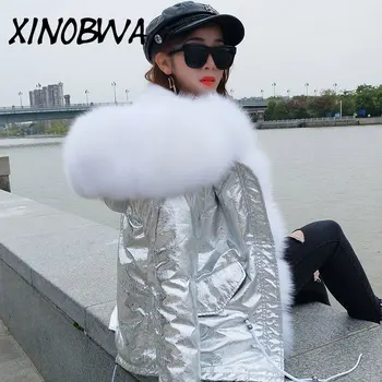 

Removable Faux Line Silver Waterproof Thick Warm Jacket Parkas Female Winter Luxurious Natural Fox Fur Hooded Elegant Hot Coats