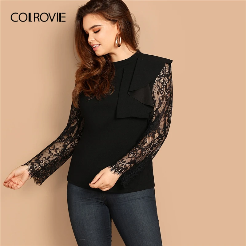 

COLROVIE Plus Size Black Mock-neck Eyelash Vintage Lace Blouse Shirt Women Clothes 2019 Panel Ruffle Shirts Office Ladies Tops
