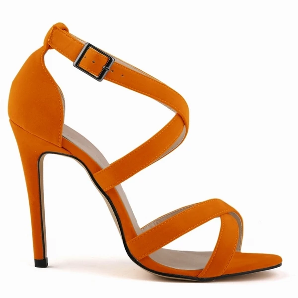 Новые модные дамские туфли-лодочки Туфли с ремешками на высоких каблуках с открытым носком из искусственного бархата Летние дамские свадебные туфли 102–1A-VE - Цвет: orange