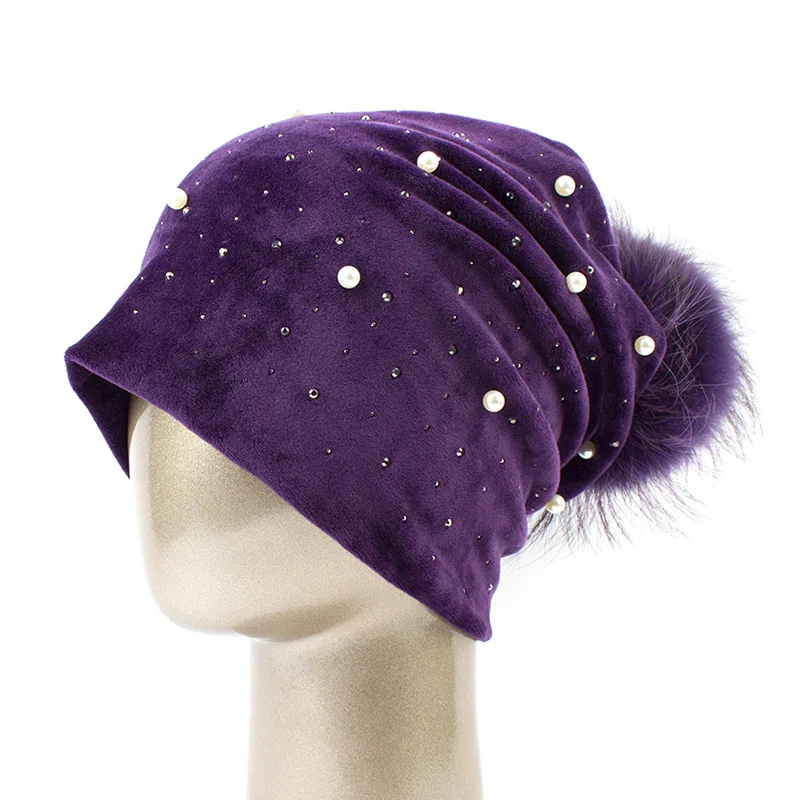 Бренд Geebro, женская шапка с помпоном, Повседневная шапка из полиэстера, Блестящий Жемчуг и стразы, шапки для женщин, трикотажная шапка с черепами, шапки - Цвет: Purple B