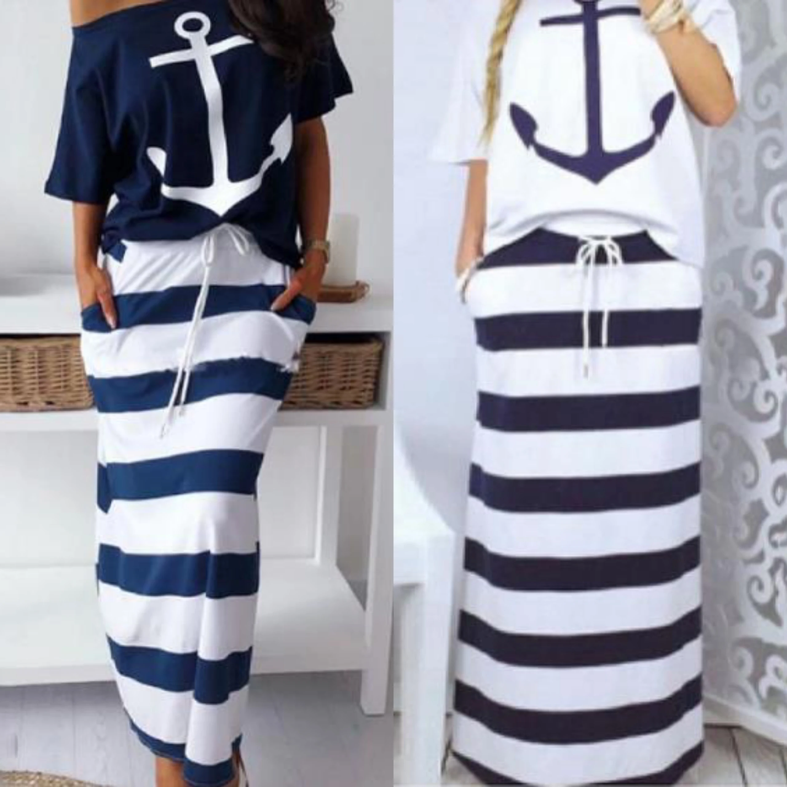 

Women Two Piece Sets Boat Anchor Print T-Shirt & Striped Skirt Sets Casual Ankle-Length Fashion Off Shoulder Maxi Striped Skirt