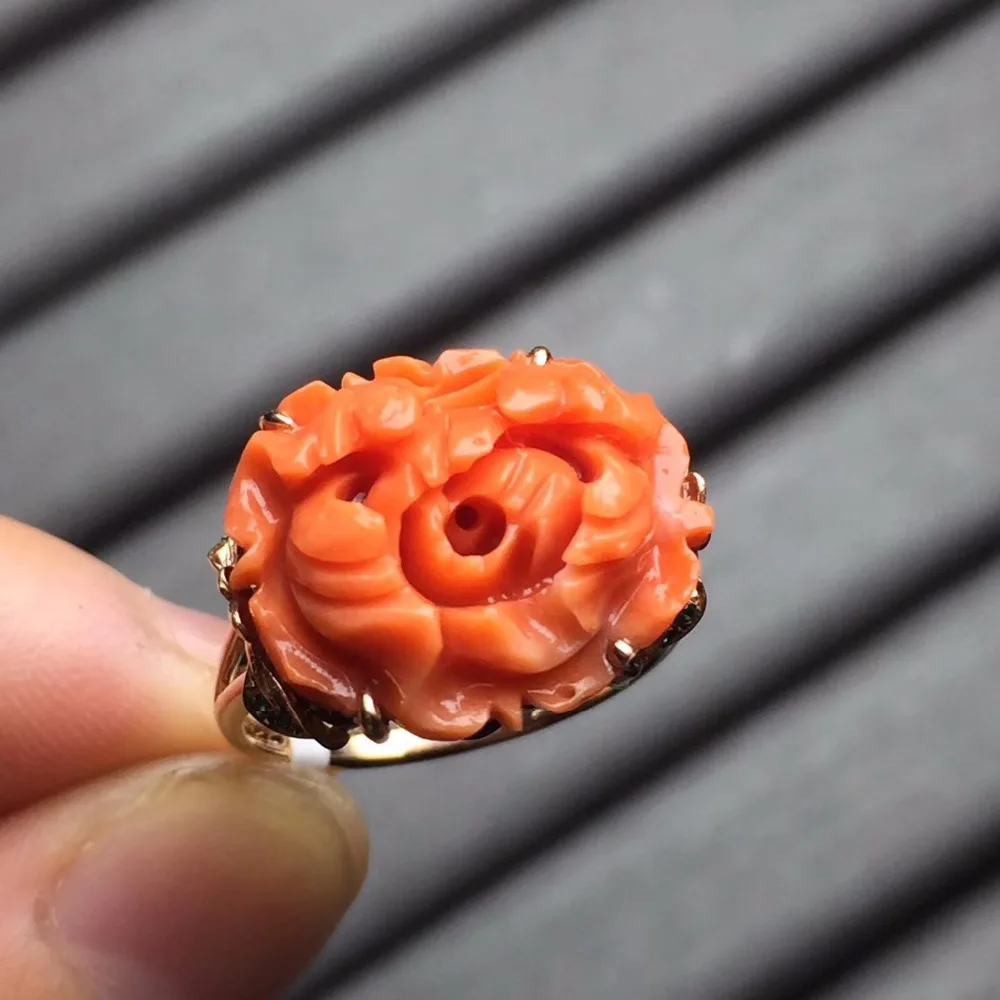 

Fine Jewelry Real 18K Rose Gold Natural Red Precious Coral Taiwan Origin Gemstone Certificated Female Rings for Women Fine Rings