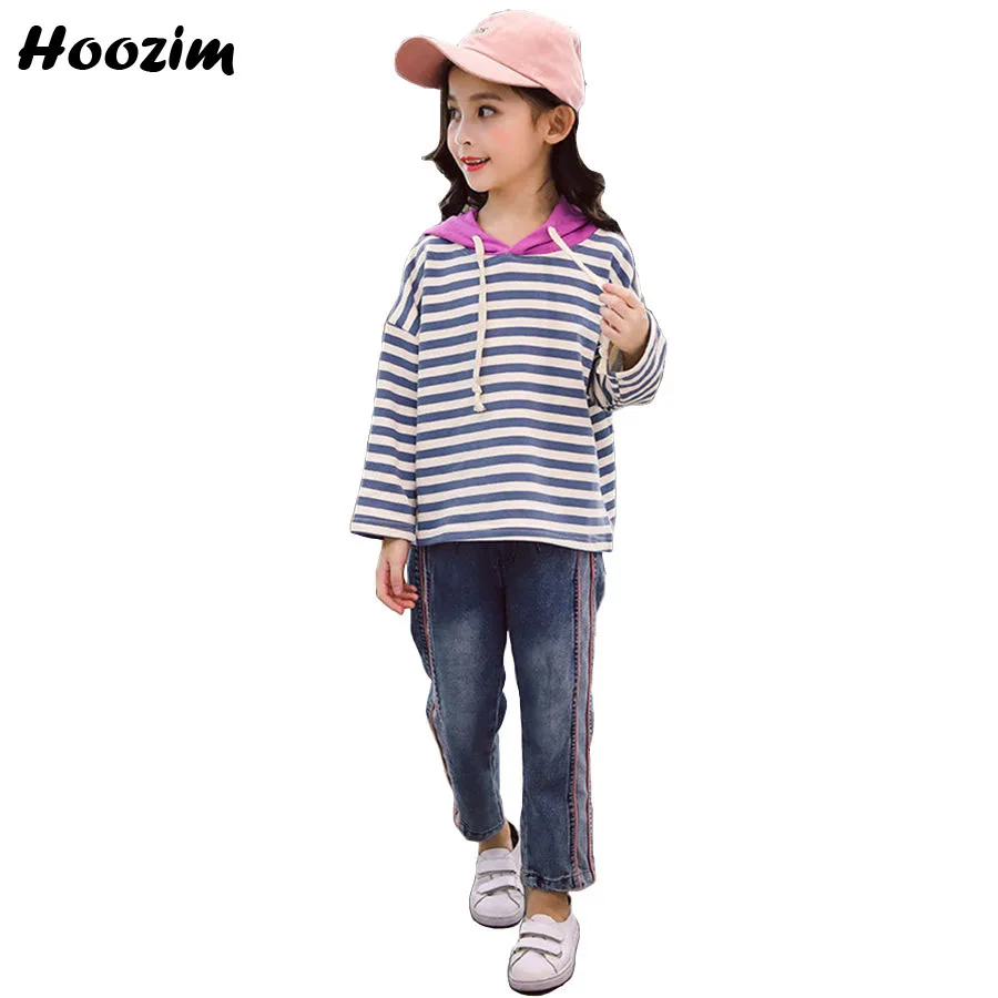 

Spring Girls Clothing Set 9 10 11 Years Fashion Stripe Sweatshirt+Denim Pants Children Autumn Suit For Girls Cute Kids Clothes