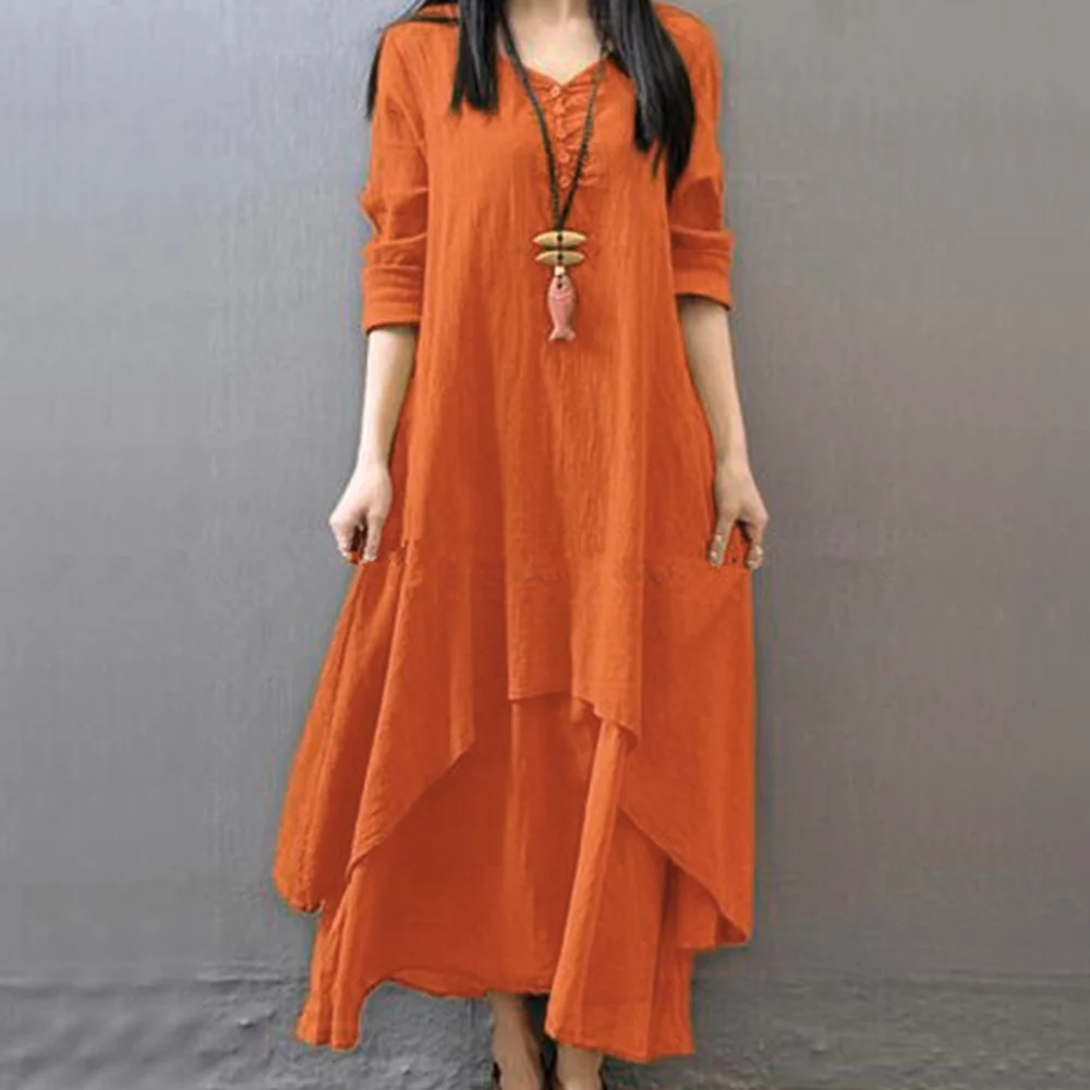Женское голубое платье макси, летнее винтажное платье с v-образным вырезом, рукав три четверти, длина по щиколотку, платье для женщин размера плюс - Цвет: Orange