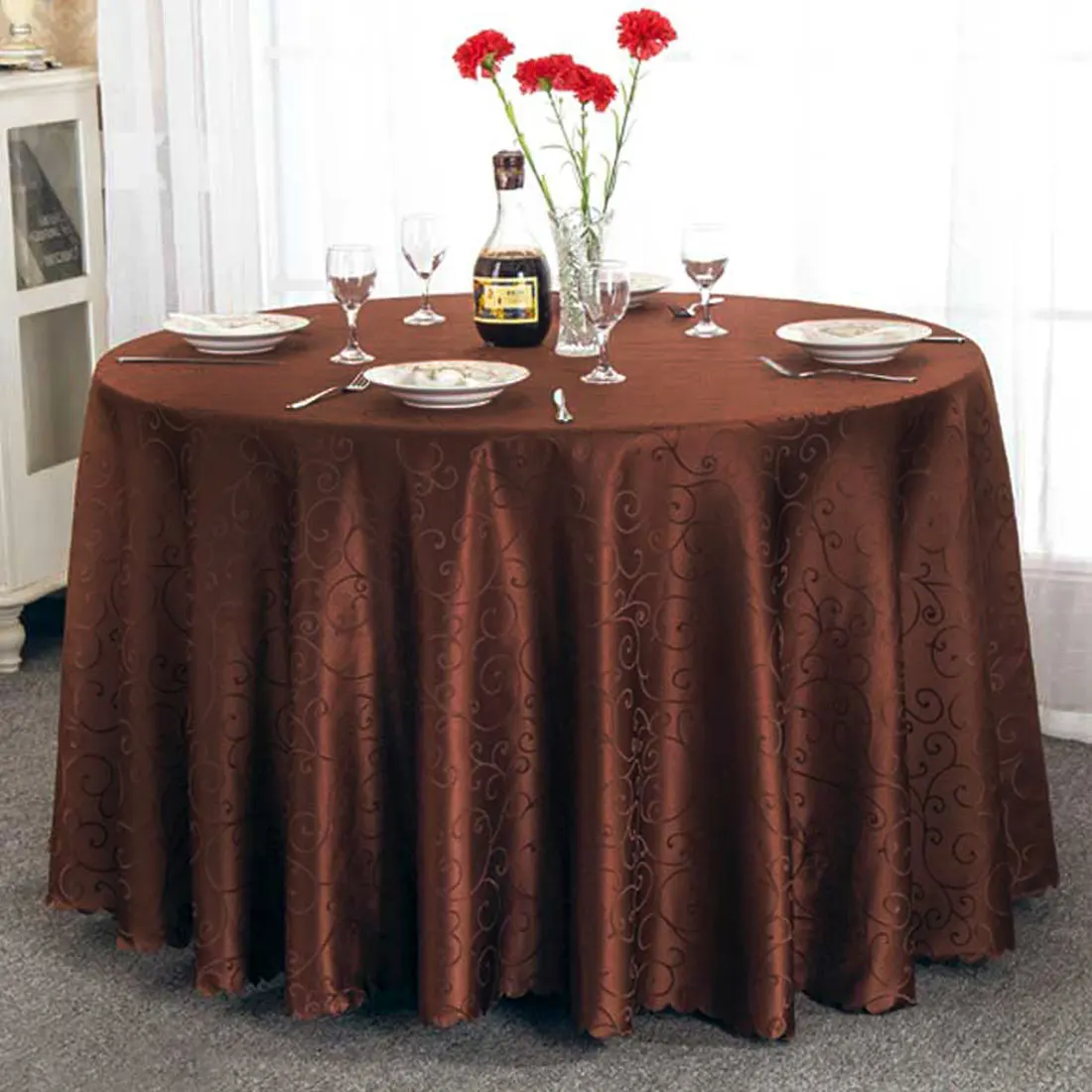 UXCELL Hotel Restaurant Polyester Round Flower Pattern Tablecloth Table Cloth Cover Coffee Color