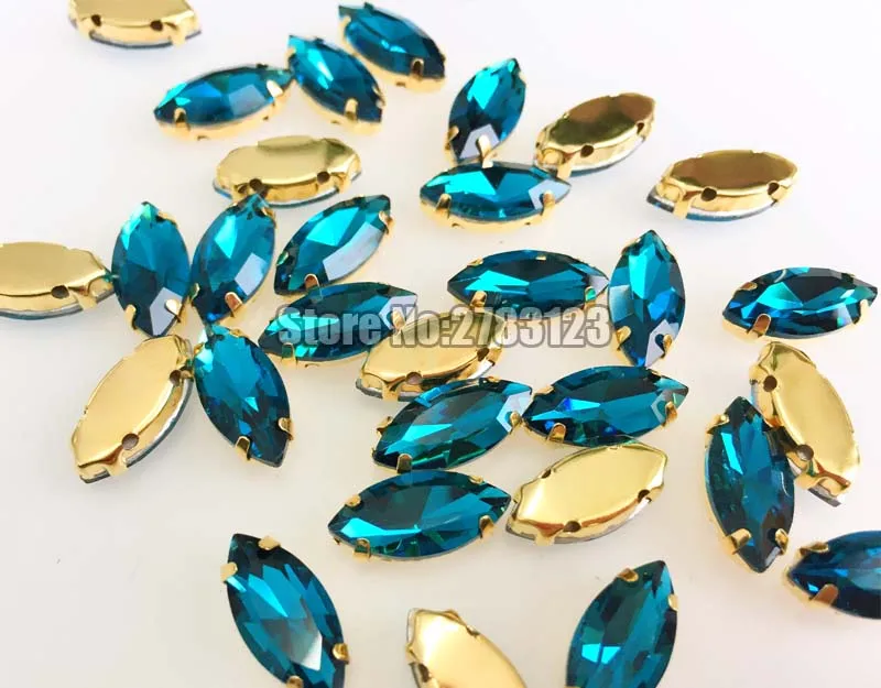 Horse eye shape peacock blue Glass Crystal Gold bottom sew on claw rhinestones with holes Sewing On Garment DIY accessories