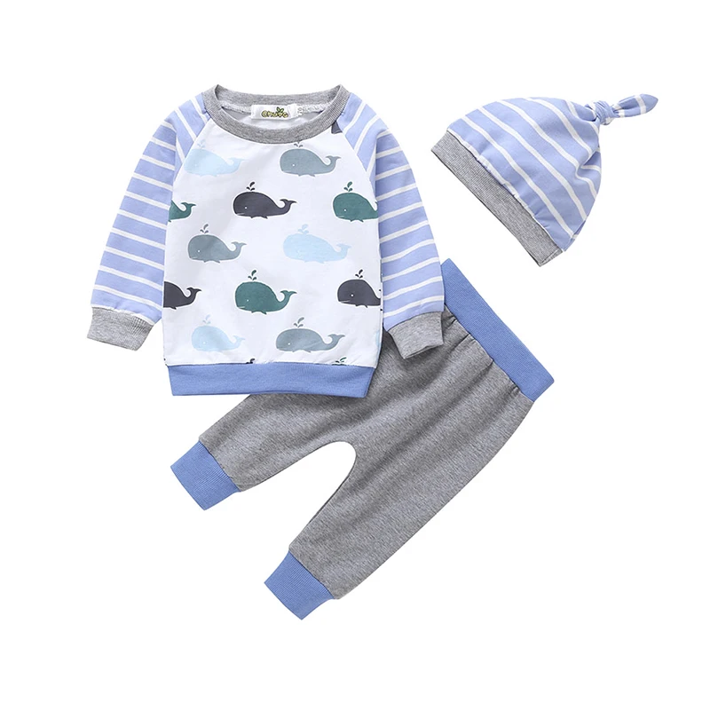

Baby boy clothes 2019 spring and autumn new boy casual cotton whale pattern sweater + pants + hat three-piece 70cm-100cm