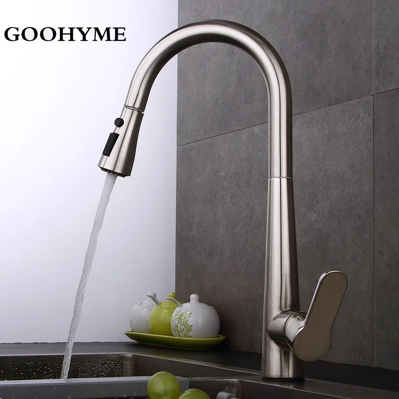 

360 Rotating Deck Mounted Kitchen Faucet Pull Down Spray Two Water Modes Sink Tap Contemporary Chrome Polished Faucets KF004