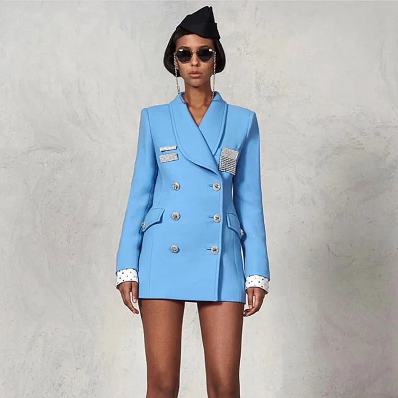 

2019 Luxury Runway Designer Autumn Women Black Crystal Double-Breasted Diamonds Long Sleeve Slim Lady Turn Down Collar Coat
