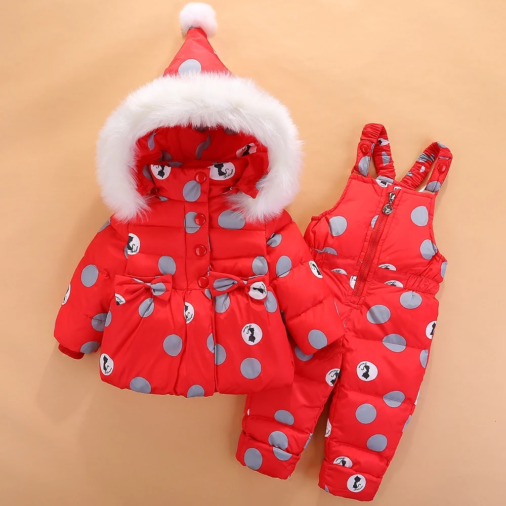 Одежда для детей от 2 до 4 лет зимние теплые пальто для девочек, Детский пуховик на утином пуху+ штаны, костюмы плотная детская верхняя одежда ветрозащитная