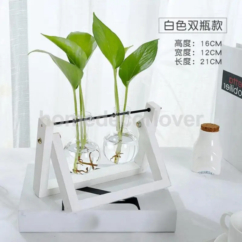 Tabletop Wood Stand Glass Flower Vase Plant Planter Hydroponic Container Home Decor