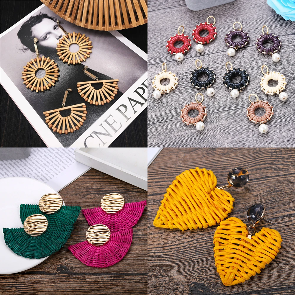 

Girlgo Handmade Wooden Round Dangle Earrings For Women Geometric Sector Semicircle Bamboo Rattan Drop Statement Earring Jewelry