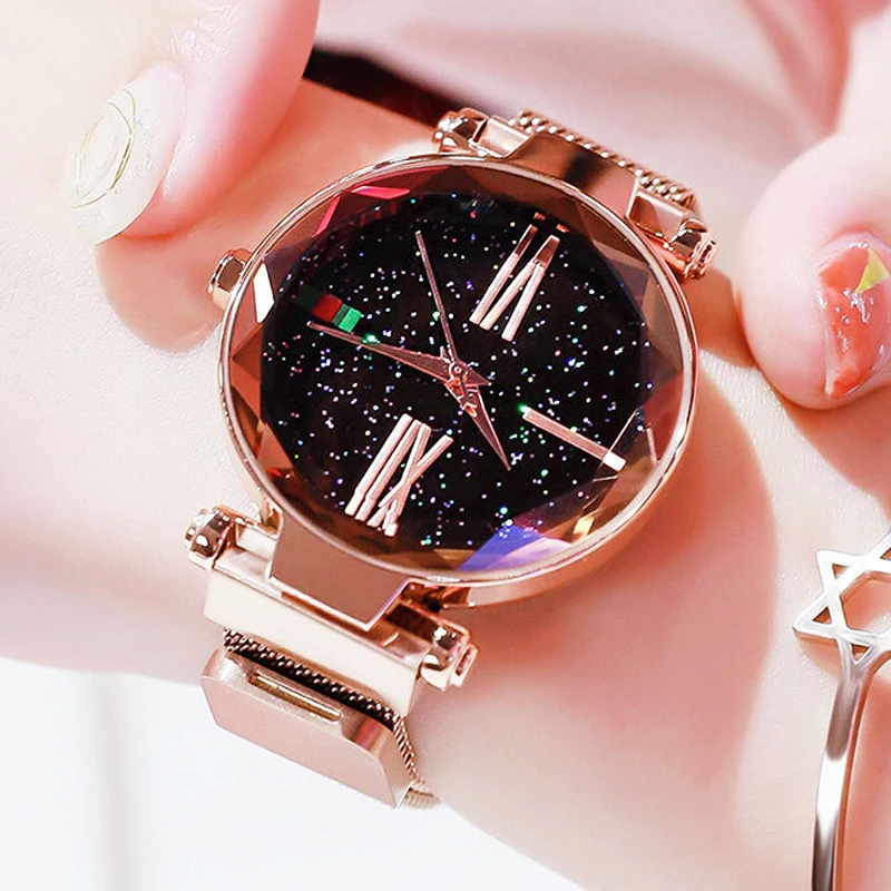 

Luxury Fashion Rose Gold Women Watch Magnet Starry Sky Quartz Watch For Ladies Mesh Belt Wristwatch Relogio Feminino