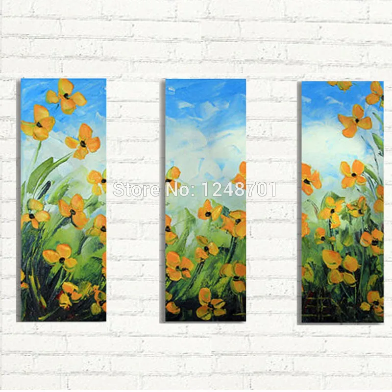 

Hand Painted Wall Yellow Poppy Oil Painting Triptych Three Panel Textured Canvas Art For Modern Wall Decoration