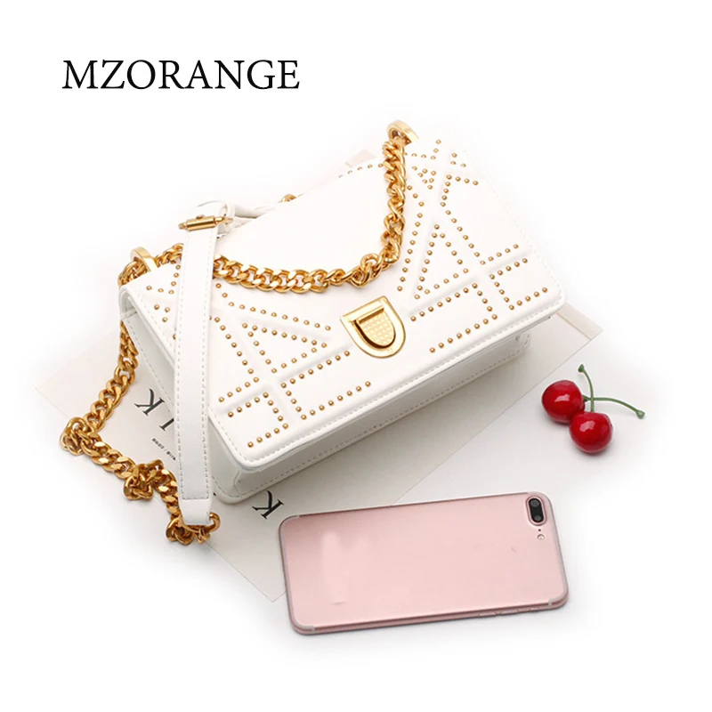 

MZORANGE 2018 Genuine Leather women's Flap Chain Bag handbag Fashion Rivets design Ladies Shoulder Bags Cowhide Crossbody Bags