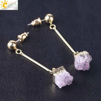

CSJA Brand Jewelry Natural Quartz Crystal Druse Gems Jewellery Women Push Back Earring Irregular Stone Charms Dangle Brinco F408