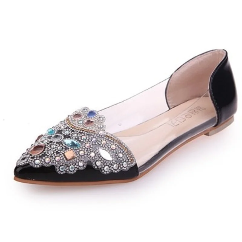 

New comfortable pointed flat shallow mouth women's shoes rhinestone sandals small size female transparent single shoes