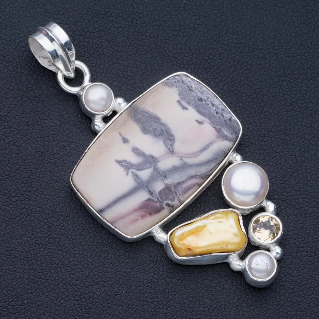 

Natural Royal Imperial Jasper,Biwa Pearl,River Pearl and Citrine 925 Sterling Silver Pendant 2 1/4" P0830