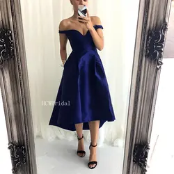Королевского синего цвета, Короткие платья выпускного вечера с открытыми плечами лодочкой шеи Высокий Низкий сатиновое бальное платье 2019