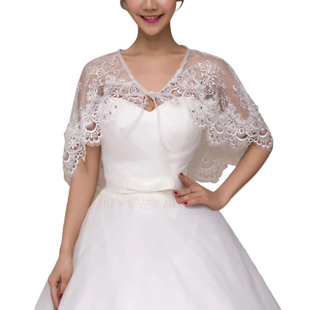 Women Half Sleeves Lace Shrug Open Front Bolero Cardigan Shawl (White