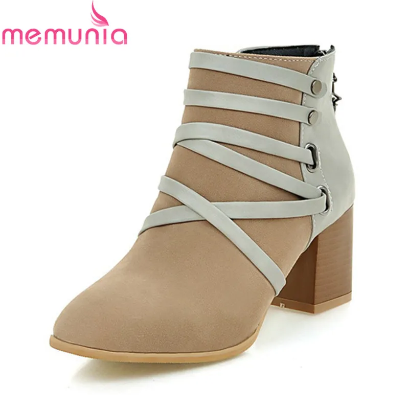 

MEMUNIA 2020 new arrival pu leather boots square toe cross tied ankle boots for women apricot black med heels boots wholesale