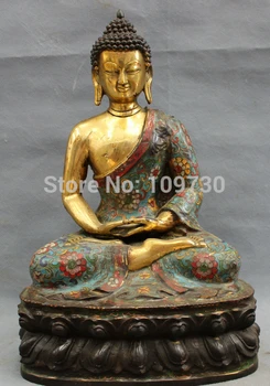 

003033 13" Tibet Cloisonne Bronze Gilt Buddhist Shakyamuni Sakyamuni Buddha Robe Statue