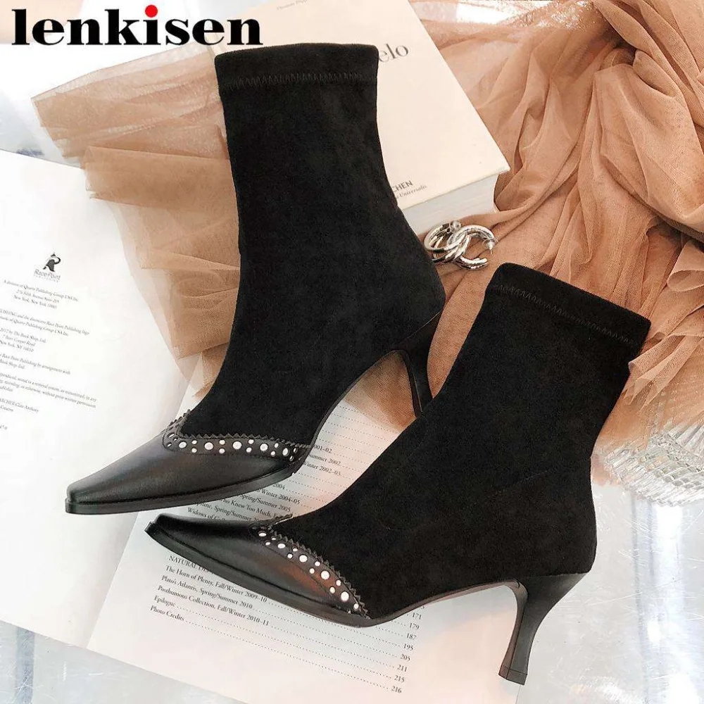 Stretch calf Dünne Größe Heels Plus mid Klassischen Büro Kuh 2019 Dame Slip Concise Chelsea Leder Quadratischen Boots L7f3 Stiefel Flock Boots Auf Zehe High Thigh xT7f0qgwA