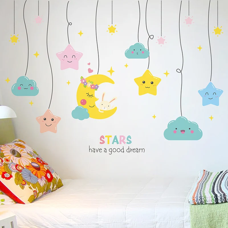 

[SHIJUEHEZI] Cartoon Stars Wall Stickers DIY Moon Wall Decals for Kids Rooms Living Room Baby Bedroom Decoration Children Gift