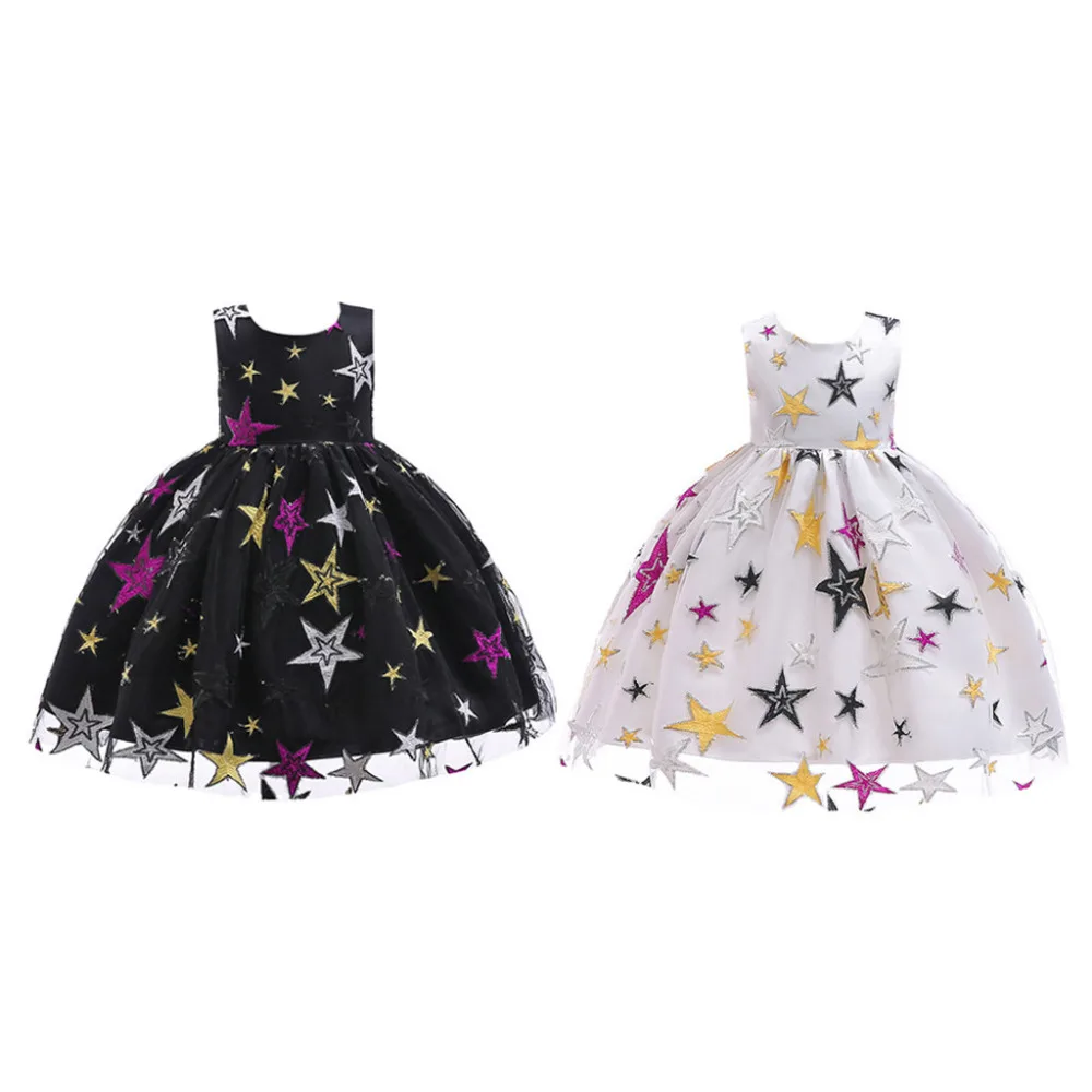 

2019 Fashion Baby Kids Girls Princess Stars Print Lace Dress Children Costumes Party Tutu Bow Dresses Dance Cute Ballet Sequins