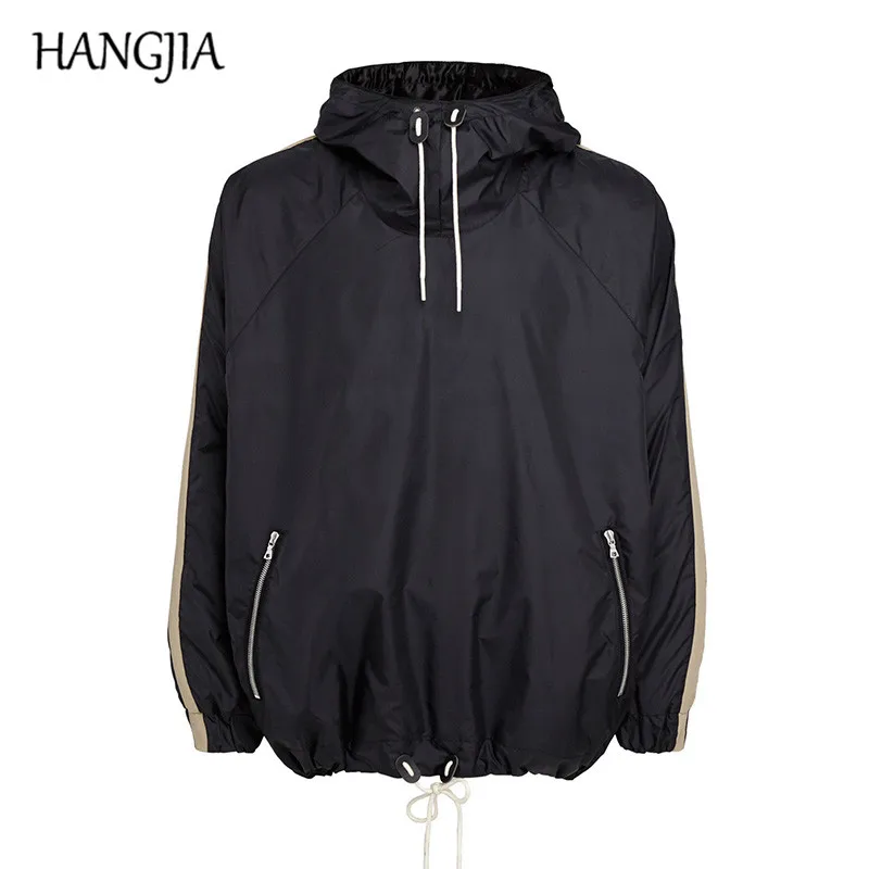 

Kanye West Stripe Hooded Windbreaker Men Streetwear Colorblock Elastic Drawstring Mens Jackets and Coats Black Windbreakers